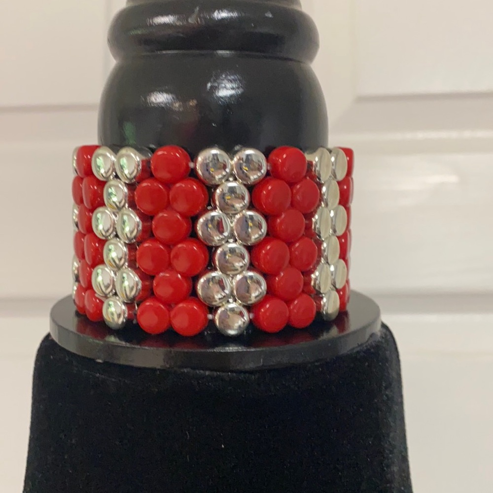 Red & silver 1 1/2” thick bracelet.
